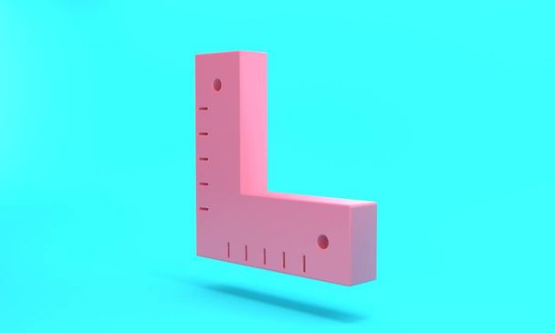 Pink Corner ruler icon isolated on turquoise blue background. Setsquare, angle ruler, carpentry, measuring utensil, scale. Minimalism concept. 3D render illustration. - 写真・画像