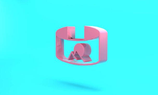 Pink 360 degree view icon isolated on turquoise blue background. Virtual reality. Angle 360 degree camera. Panorama photo. Minimalism concept. 3D render illustration. - Photo, Image
