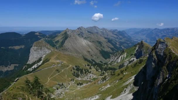 Panorama of the mountains in summer. Time lapse of mountains, sky, clouds. Landscape of Rochers de Naye, Montreux, Switzerland. Travel destinations. - Metraje, vídeo