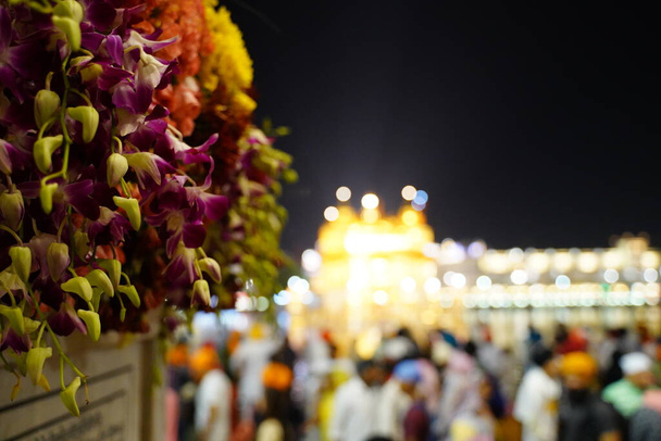 Шри Хармандир Сагиб украшен миллионами цветов для Пракаша Пураба Шри Гуру Грэнт Сагиба. - Фото, изображение