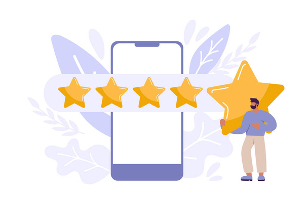 Tiny man satisfied customer give rating 5 stars on smartphone. People feedback vector illustration by giving star rating. Flat boy online shopping with give five rating and review. - Vektori, kuva