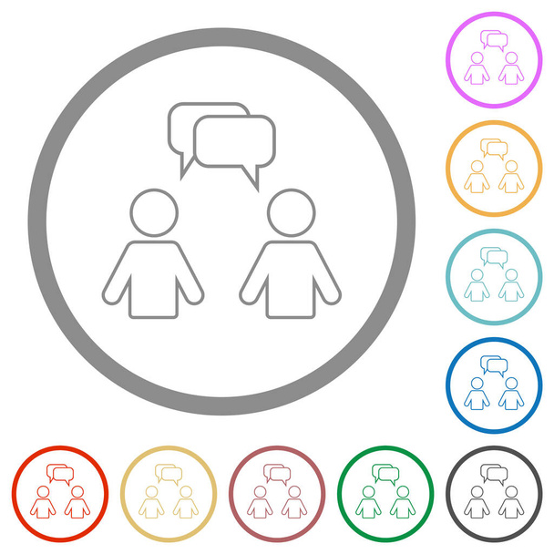 Two talking persons with rounded square bubbles outline flat color icons in round outlines on white background - Vector, Imagen