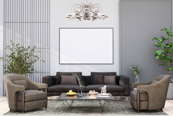 mock up poster frame in modern interior fully furnished rooms background, living room, 3D rendering - Foto, Imagem