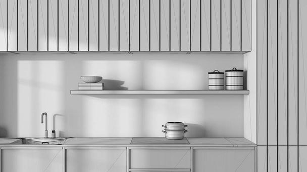 Blueprint unfinished project draft, japandi wooden kitchen close up. Modern cabinets, wallpaper, shelf with decors and induction hob. Minimalist interior design - Foto, Bild