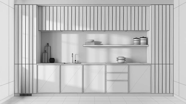 Blueprint unfinished project draft, japandi trendy wooden kitchen. Modern cabinets, contemporary wallpaper and concrete floor. Minimalist interior design - Foto, afbeelding