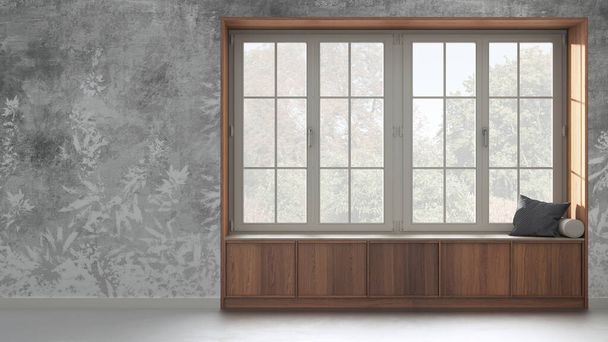 Country panoramic window with wooden siting bench in white and gray tones. Wallpaper background with copy space - Foto, immagini
