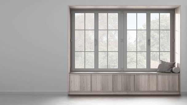Country panoramic window with wooden siting bench in white and bleached tones. Background with copy space - Foto, immagini