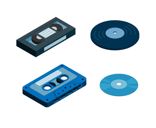 Music and Movie media. Vhs tape. cassete, cd and vinyl collection set illustration isometric vector - Vektör, Görsel