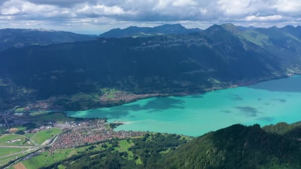 Beautiful Lake Brienz view from Schynige Platte trail in Bernese Oberland, Canton of Bern, Switzerland. Popular mountain in the Swiss Alps called Schynige Platte in Switzerland, aerial view. - Footage, Video