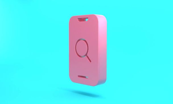 Pink Magnifying glass and mobile icon isolated on turquoise blue background. Search, focus, zoom, business symbol. Minimalism concept. 3D render illustration. - Foto, Imagem