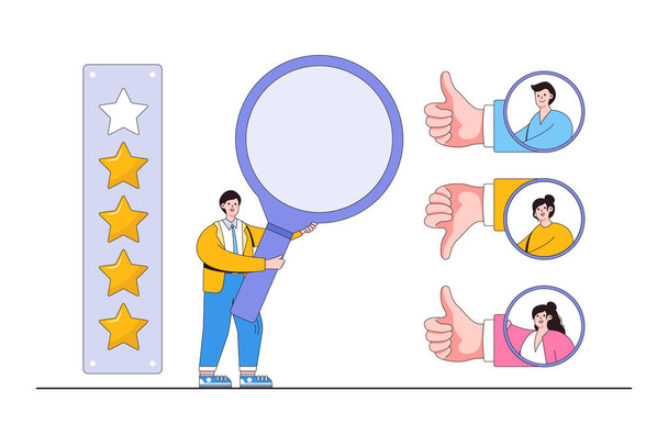 Evaluation feedback consumer, client leaving positive or negative opinion, service quality rating concepts. Businessman using magnifying glass to checking review with thumb up and down from customer. - Vector, Imagen