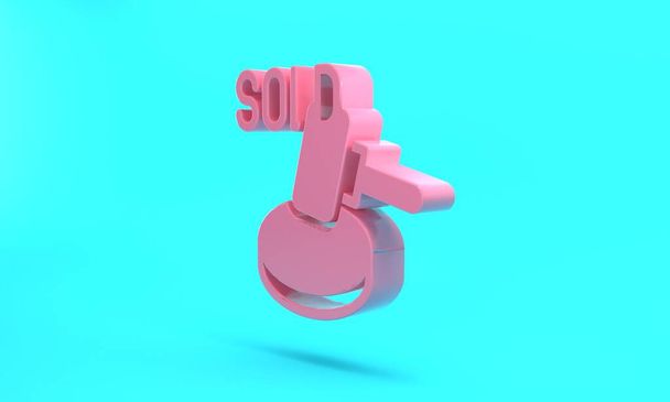 Pink Auction hammer icon isolated on turquoise blue background. Gavel - hammer of judge or auctioneer. Bidding process, deal done. Auction bidding. Minimalism concept. 3D render illustration. - Foto, Imagen