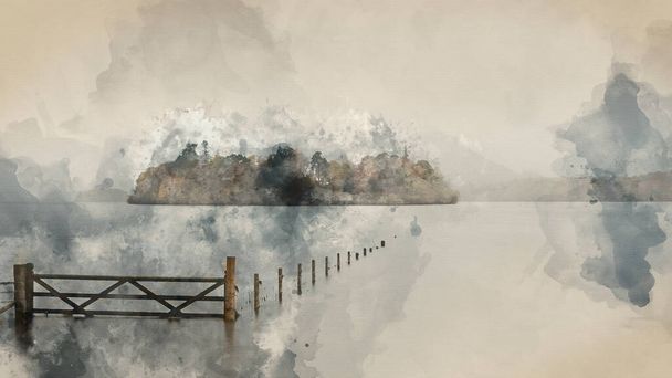 Digital watercolour painting of Beautiful long exposure landscape image of Derwentwater looking towards Catbells peak in Autumn during early morning - Foto, afbeelding