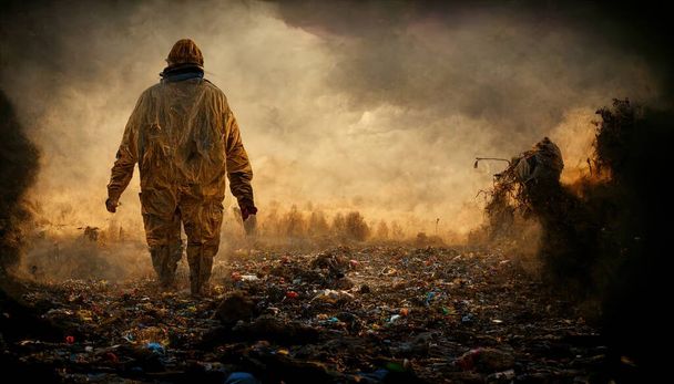 a illustration of a person in a protective suit on garbage heaps - Foto, afbeelding