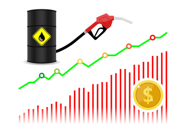 Концепція підвищення цін на нафту Насадка для бензинових жовтих паливних насосів ізольована з краплями нафти на фоні червоних смуг зростання, Векторні ілюстрації
 - Вектор, зображення