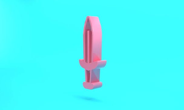 Pink Medieval sword icon isolated on turquoise blue background. Medieval weapon. Minimalism concept. 3D render illustration. - Fotoğraf, Görsel