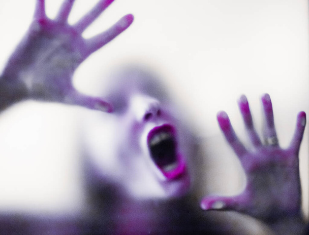 scary picture of hands behind glass, horror ghost woman behind door, Halloween  concept - Foto, Imagen