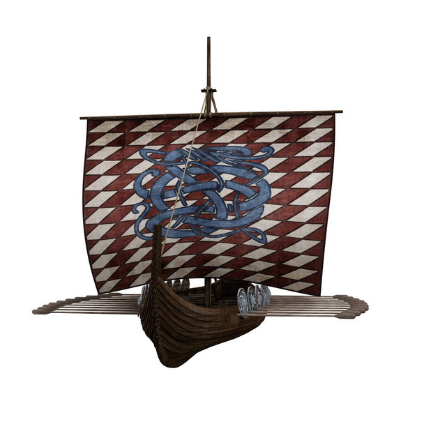 Front view of old medieval Viking ship. 3D illustration isolated on white background. - Fotoğraf, Görsel