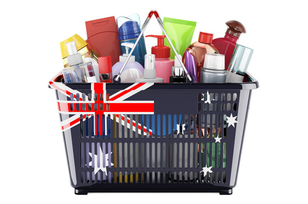 Shopping basket with Australian flag full of cosmetic bottles, hair, facial skin and body care products. 3D rendering isolated on white background - Φωτογραφία, εικόνα