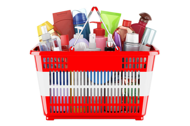Shopping basket with Austrian flag full of cosmetic bottles, hair, facial skin and body care products. 3D rendering isolated on white background - Foto, Imagen
