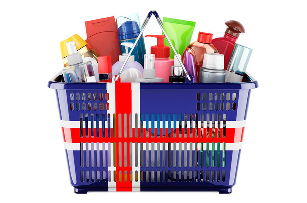 Shopping basket with Icelandic flag full of cosmetic bottles, hair, facial skin and body care products. 3D rendering isolated on white background - Foto, afbeelding