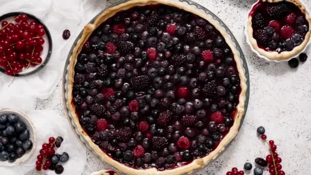 Sweet delicious homemade forest berry tart. Pie with blueberries and raspberries. Whole cake. Top view, flat lay - 映像、動画