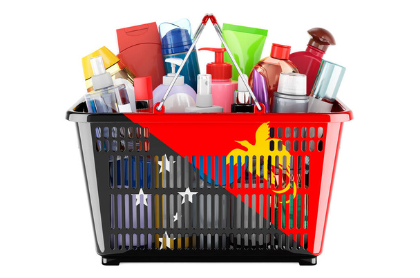 Shopping basket with Papuan New Guinean flag full of cosmetic bottles, hair, facial skin and body care products. 3D rendering isolated on white background - Fotoğraf, Görsel
