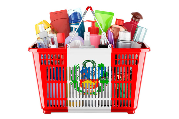 Shopping basket with Peruvian flag full of cosmetic bottles, hair, facial skin and body care products. 3D rendering isolated on white background - Foto, Imagem
