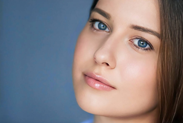 Beauty and skincare, beautiful woman with blue eyes, natural make-up, face portrait close-up - 写真・画像