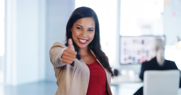 Happy woman thumbs up for business goal success, thank you or welcome in a office. Portrait of a Indian female corporate company worker smile with a winner, yes and job motivation hand sign at work. - 映像、動画