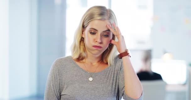 Headache, stress and worry business woman rubbing forehead in pain, migraine and mental health problem from burnout, crisis and deadlines. Tired, sick and frustrated in anxiety, job fail and mistake. - Séquence, vidéo