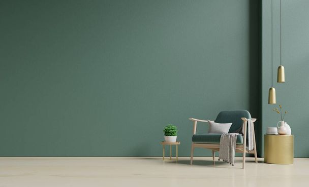 Modern interior of wall space with green armchair on empty dark green room.3d rendering - Foto, Imagen