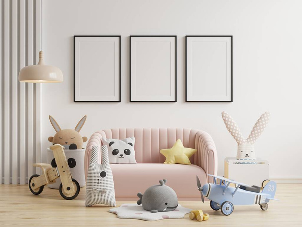 Mock up posters in child room interior,posters on empty white color wall.3d rendering - 写真・画像
