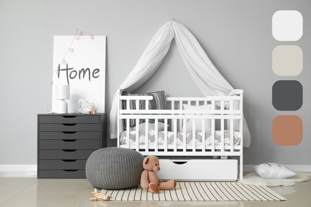 Interior of modern baby room with crib. Different color patterns - Foto, immagini