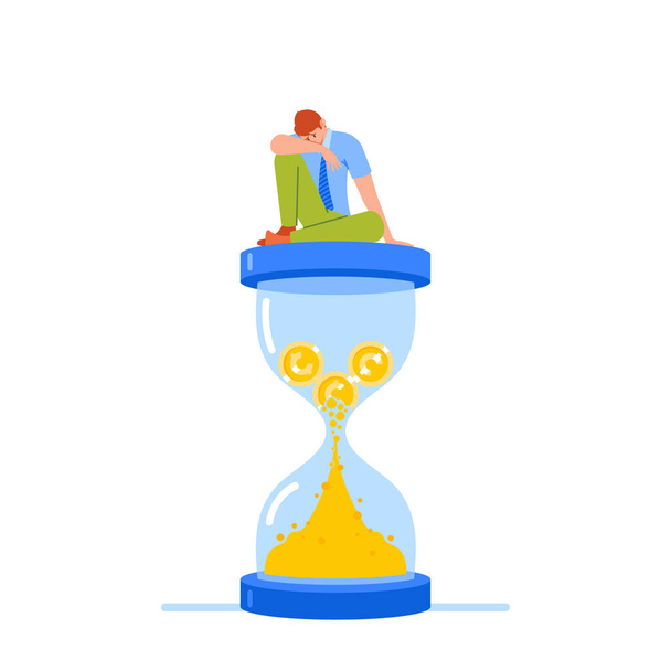 Businessman Sitting on Huge Hourglass and Sleeping. Tired Business Man Work Procrastination, Loosing Time Concept. Zero Productivity in Office, Professional Burnout. Cartoon Vector Illustration - Vektori, kuva
