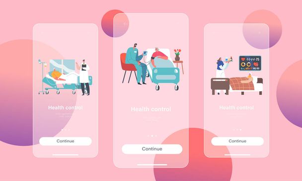 Έλεγχος υγείας Mobile App Σελίδα επί του σκάφους Πρότυπο οθόνης. Η νοσηλεία ηλικιωμένων. Ανώτερος άρρωστοι χαρακτήρες που βρίσκονται στο κρεβάτι στο θάλαμο με τους γιατρούς έννοια φροντίδας. Γελοιογραφία Άνθρωποι Εικονογράφηση διάνυσμα - Διάνυσμα, εικόνα
