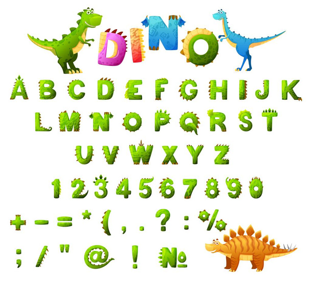Dinosaur font typeface, cartoon dino alphabet letters, vector ABC type. Kid jurassic dinosaurs cute animals in green dino font typeface, children typography with T-rex tyrannosaurus, velociraptor - Vector, imagen