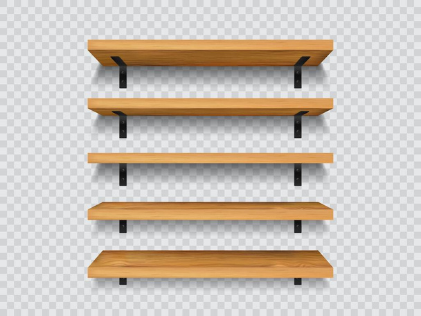 Wooden store shelves, 3d vector empty bookshelves hanging on wall. Brown timber planks for storage or gallery exhibition. Wood rack for food grocery products, books. Realistic stand mockup - Vektor, kép