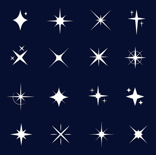 Sparkle, starburst and twinkle icons, white star burst and flash silhouettes. Isolated vector shining lights and sparks of bright glowing rays and flare effect. Magic glint, shiny glitter - Wektor, obraz