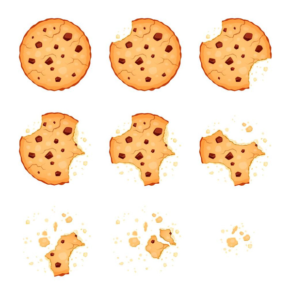 Crumble biscuit cookie animated sprite. Vector crunchy dessert with chocolate pieces and crumbs. 2d cookie for cartoon game, whole and bitten dessert disappear animation. Isolated homemade bakery - Vetor, Imagem
