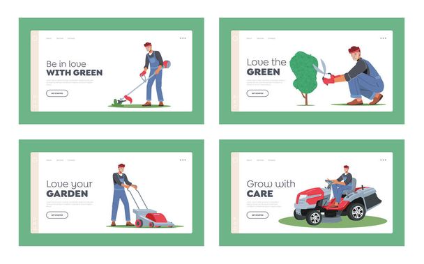Worker Mow Lawn and Cutting Plants in Garden Landing Page Template Set. Man Gardener Character Use Trimmer for Caring of Home Backyard, Cutting or Trimming Trees and Grass. Cartoon Vector Illustration - Vector, afbeelding