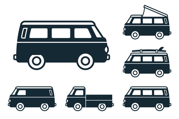 Retro travel van. Surfer van. Vintage travel car. Old classic camper minivan. Retro hippie bus. Vector illustration in flat design icon collection - Вектор, зображення