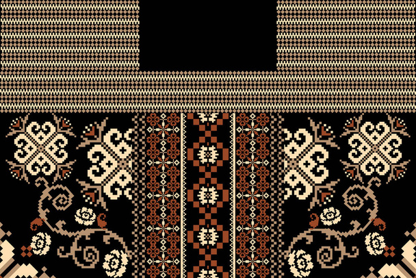 Floral cross stitch neckline embroidery on black background.geometric ethnic oriental pattern traditional.Aztec style abstract vector illustration.design for texture,fabric,fashion women wearing. - Vektor, kép