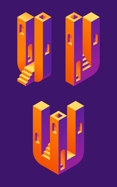 Vector font set made in 3d isometric shape with stairs and windows - Vettoriali, immagini