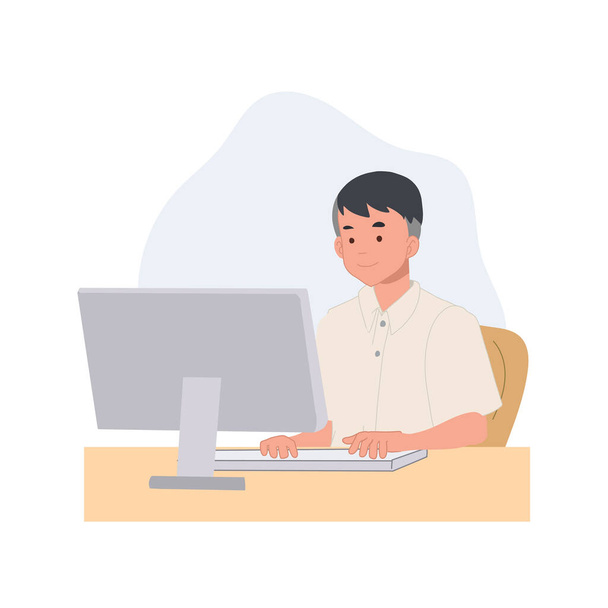students boy sitting with PC, surf internet, use social media. Flat vector illustration. - Vector, Imagen