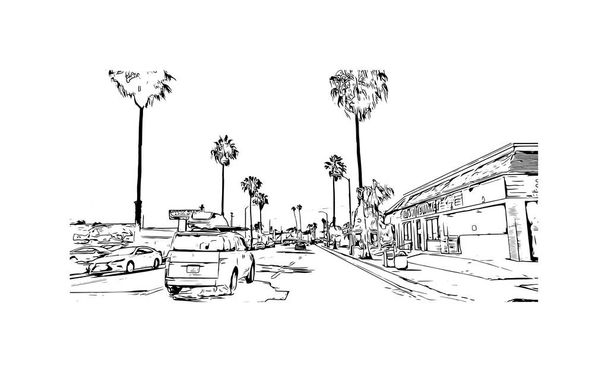 Print Building view with landmark of Oceanside is a coastal city in California. Hand drawn sketch illustration in vector. - Vetor, Imagem