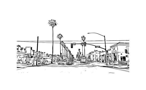 Вид Print Building з орієнтиром Океансайду є прибережним містом в Каліфорнії. Намальована вручну ілюстрація у векторі. - Вектор, зображення