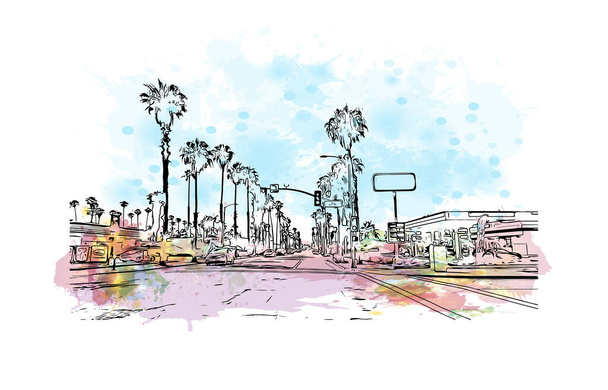 Print Building view with landmark of Oceanside is a coastal city in California. Watercolor splash with hand drawn sketch illustration in vector. - Wektor, obraz