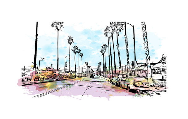 Print Building view with landmark of Oceanside is a coastal city in California. Watercolor splash with hand drawn sketch illustration in vector. - Vektori, kuva