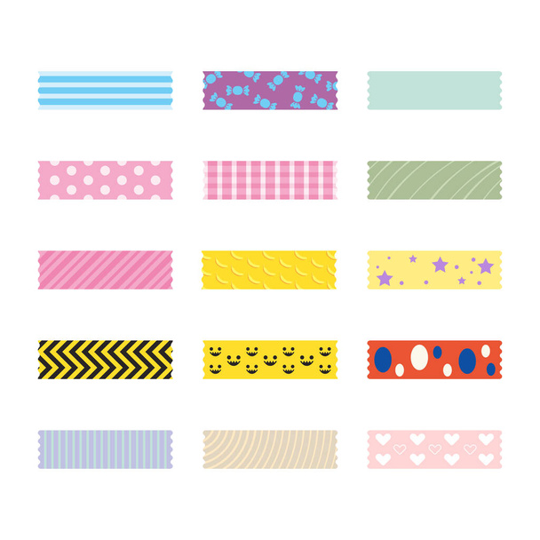 Colored decorative tape washi sticker strips for text decoration. Set of colorful patterned washi tape. Vector illustration - Vektör, Görsel